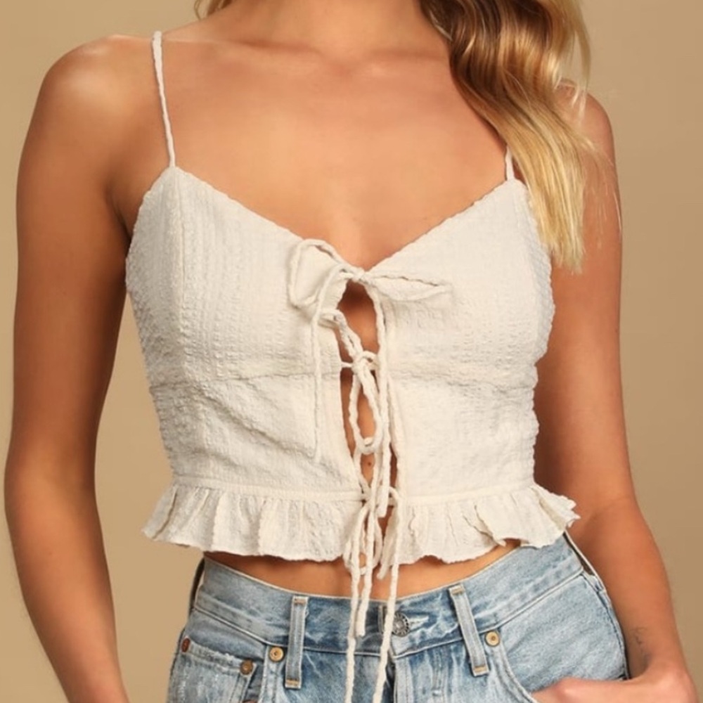 Lulus good connection cream tie front crop tank